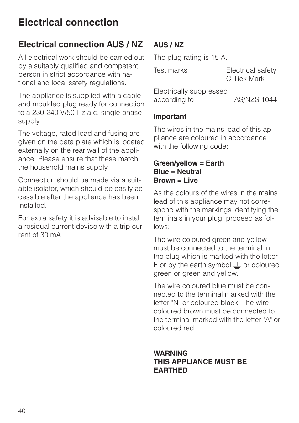 Electrical connection aus / nz 40, Electrical connection aus / nz, Electrical connection | Miele M 635 EG User Manual | Page 40 / 44