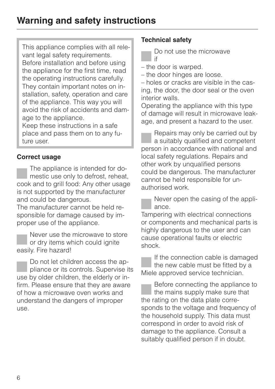Warning and safety instructions 6, Warning and safety instructions | Miele M 635 EG User Manual | Page 6 / 44