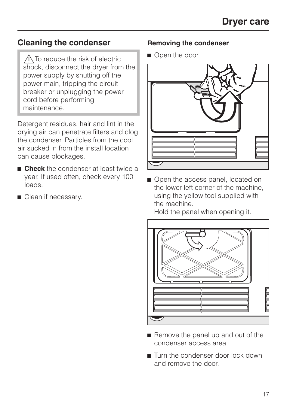 Cleaning the condenser 17, Cleaning the condenser, Dryer care | Miele T 1329 C User Manual | Page 17 / 44