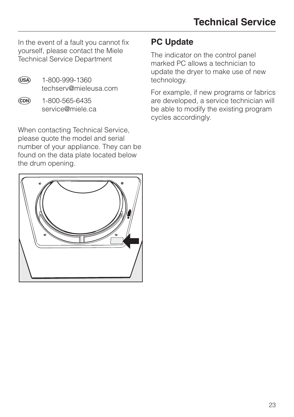 Technical service 23, Technical service, Pc update | Miele T 1329 C User Manual | Page 27 / 44