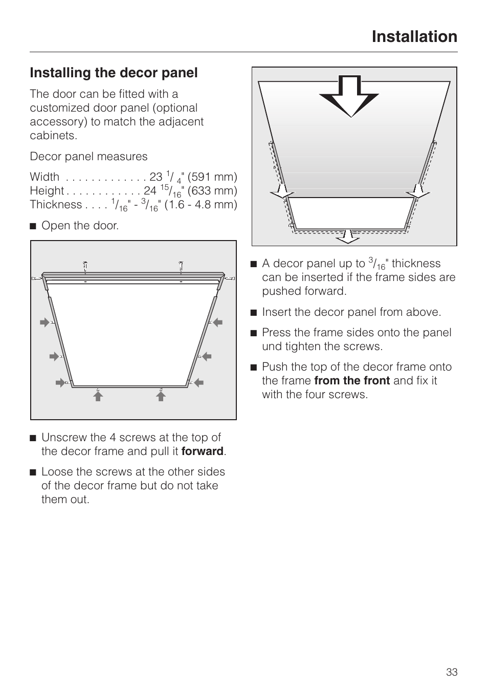 Installing the decor panel 33, Installing the decor panel, Installation | Miele T 1329 C User Manual | Page 37 / 44