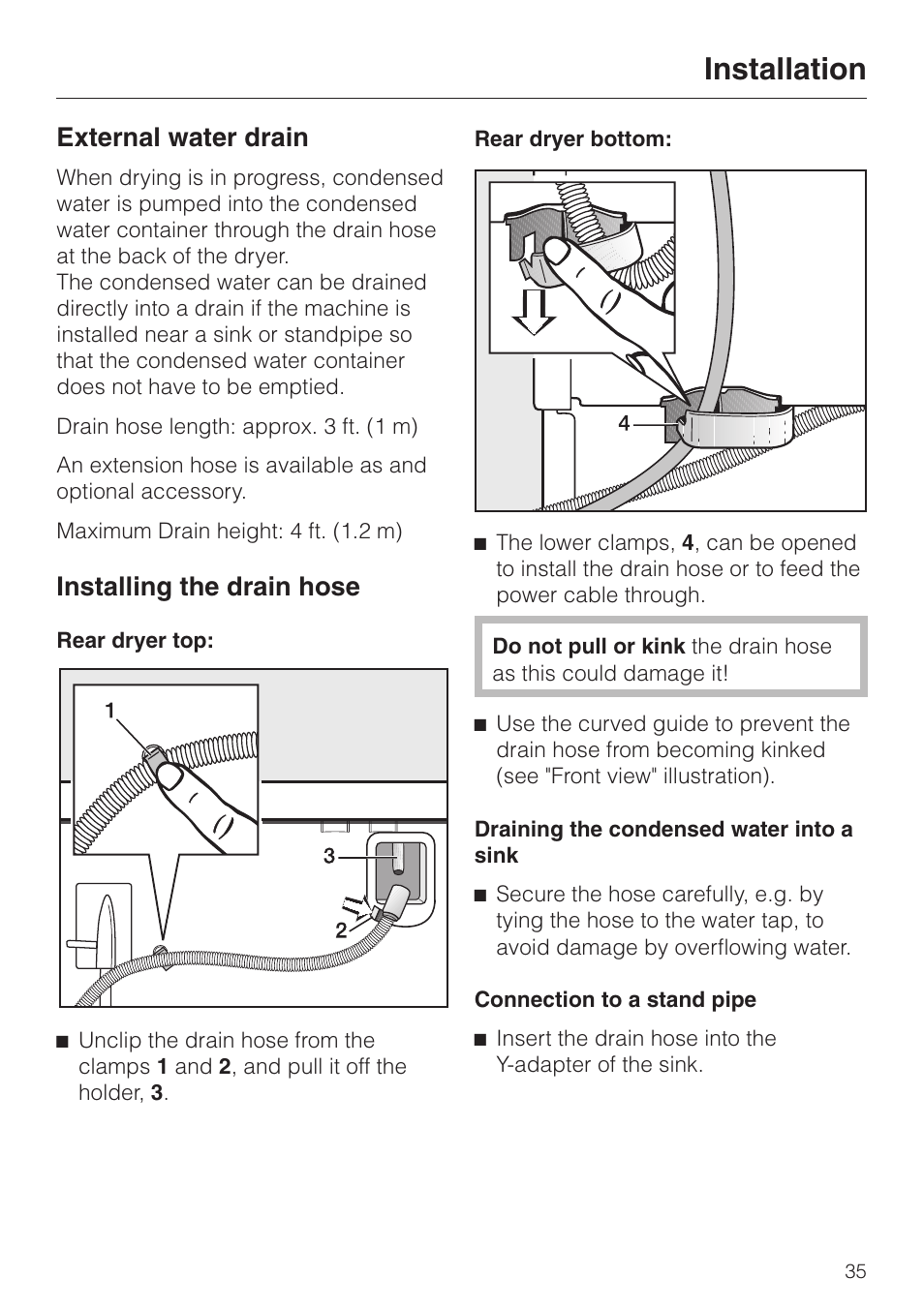 External water drain 35, External water drain, Installation | Installing the drain hose | Miele T 1329 C User Manual | Page 39 / 44