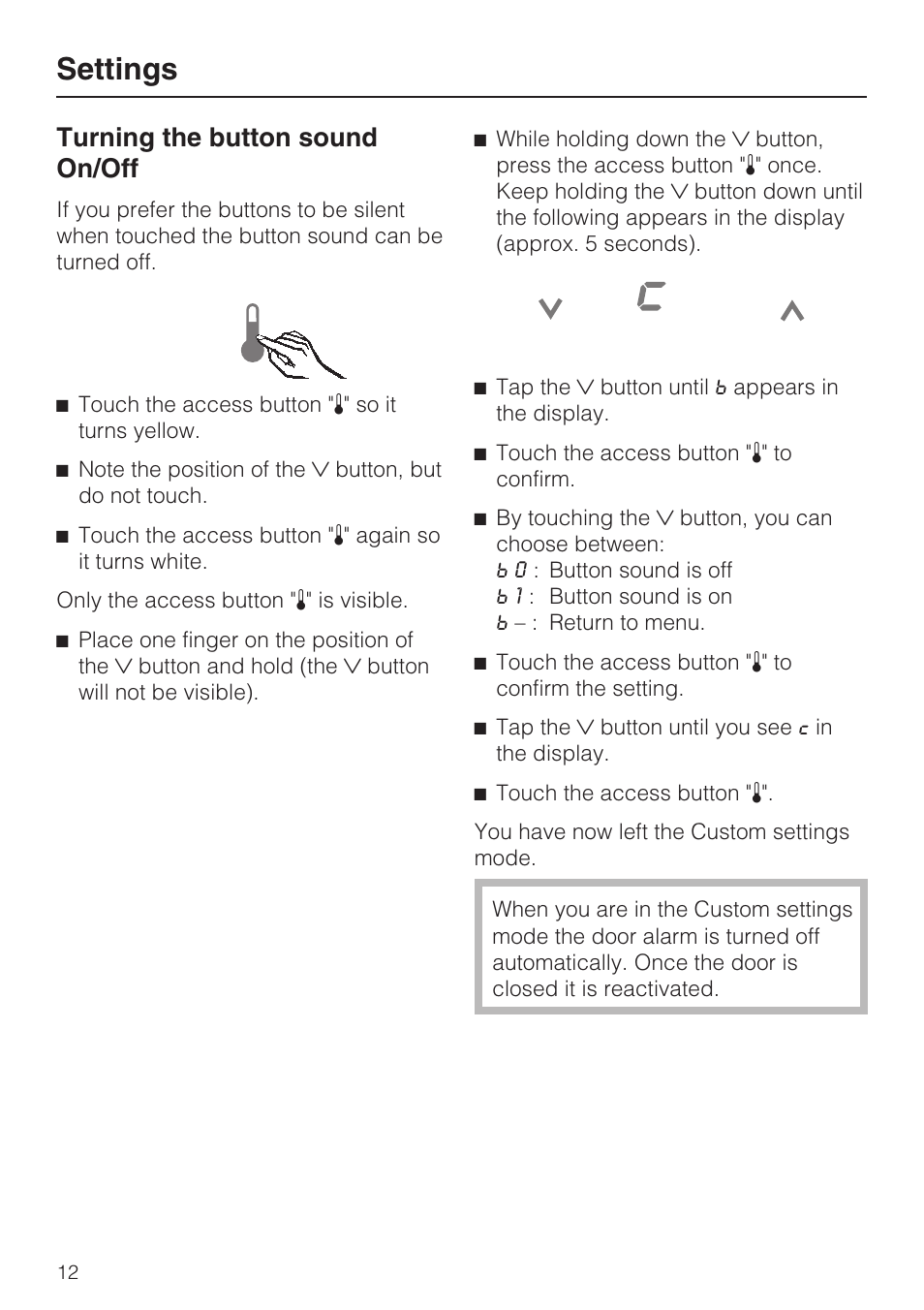 Turning the button sound on/off 12, Settings, Turning the button sound on/off | Miele F1801VI User Manual | Page 12 / 80