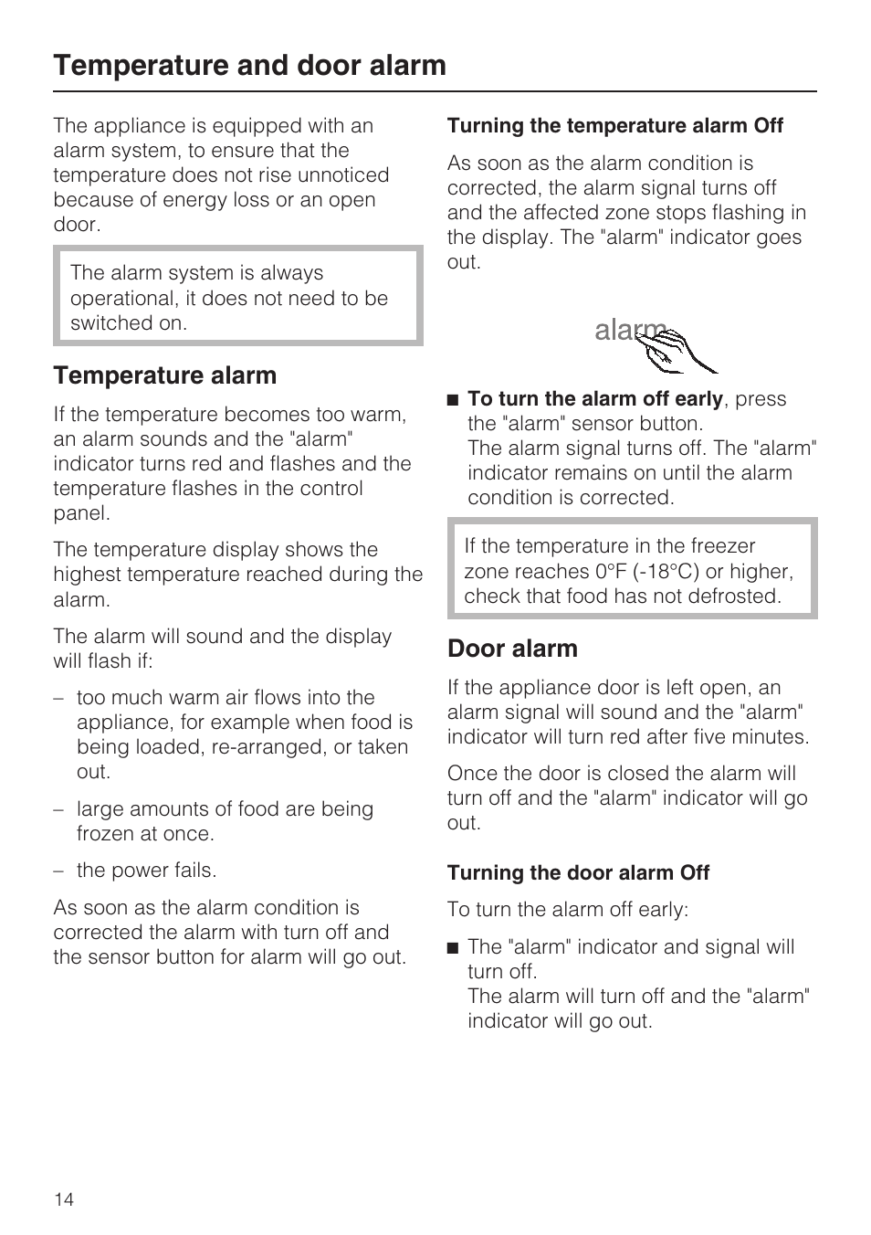 Temperature and door alarm 14, Temperature alarm 14, Door alarm 14 | Temperature and door alarm, Temperature alarm, Door alarm | Miele F1801VI User Manual | Page 14 / 80