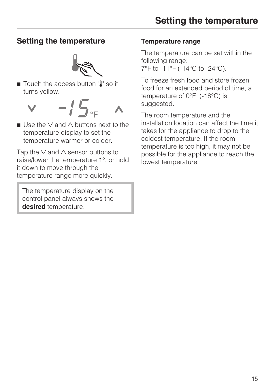 Setting the temperature 15, Setting the temperature | Miele F1801VI User Manual | Page 15 / 80