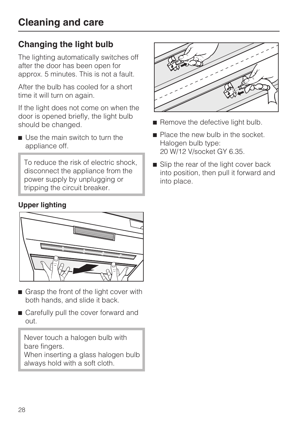 Changing the light bulb 28, Cleaning and care, Changing the light bulb | Miele F1801VI User Manual | Page 28 / 80