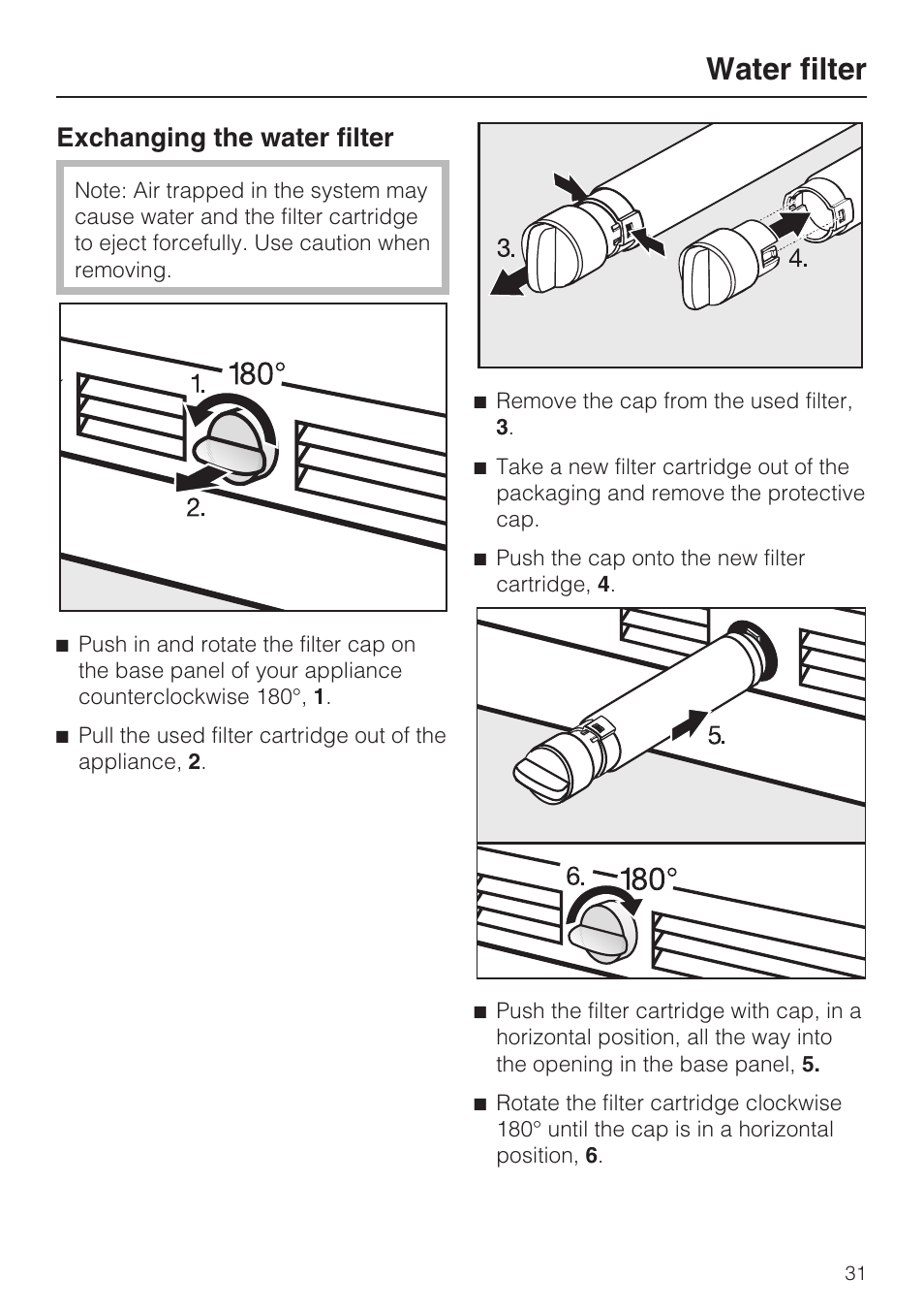 Exchanging the water filter 31, Water filter, Exchanging the water filter | Miele F1801VI User Manual | Page 31 / 80