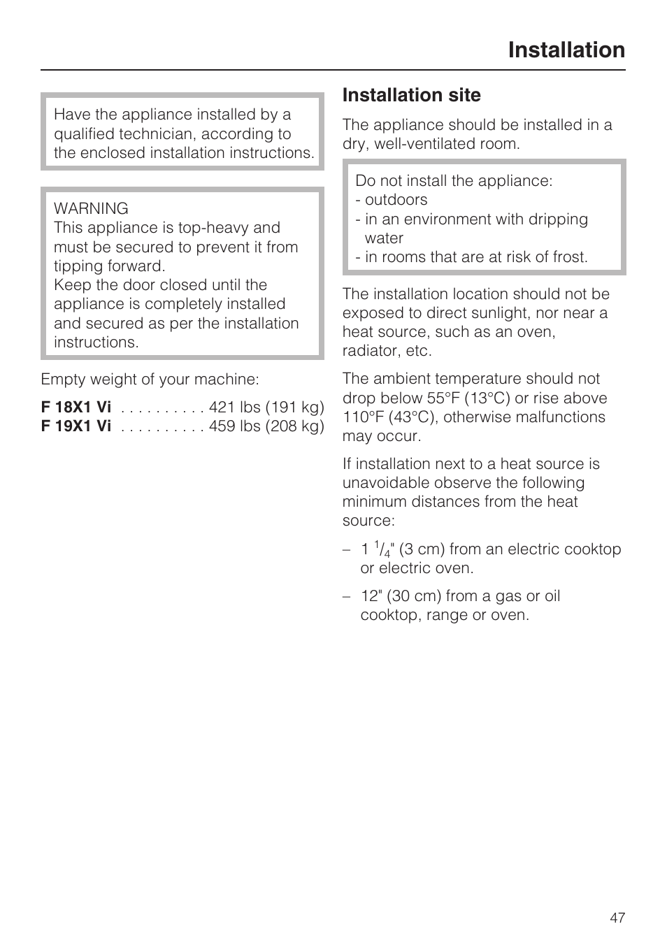 Installation 47, Installation site 47, Installation | Installation site | Miele F1801VI User Manual | Page 47 / 80