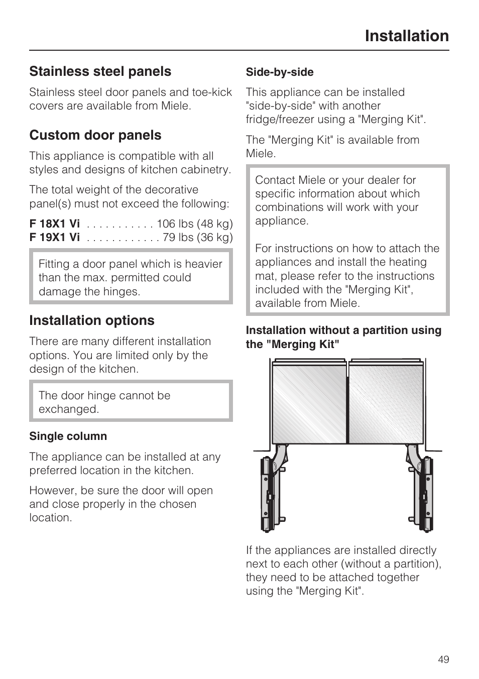 Stainless steel panels 49, Custom door panels 49, Installation options 49 | Installation, Stainless steel panels, Custom door panels, Installation options | Miele F1801VI User Manual | Page 49 / 80