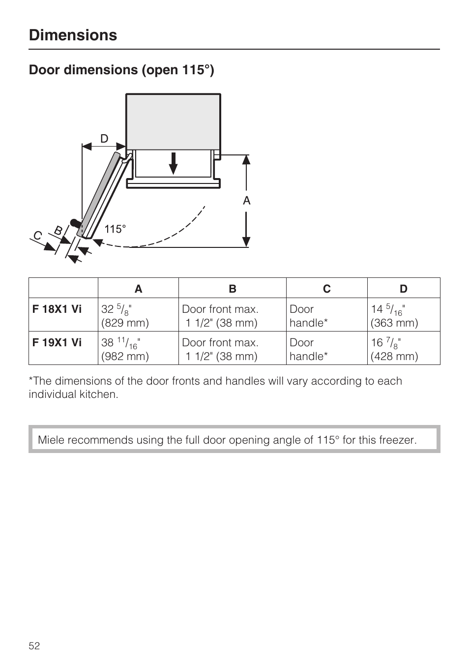 Dimensions 52, Dimensions, Door dimensions (open 115°) | Miele F1801VI User Manual | Page 52 / 80