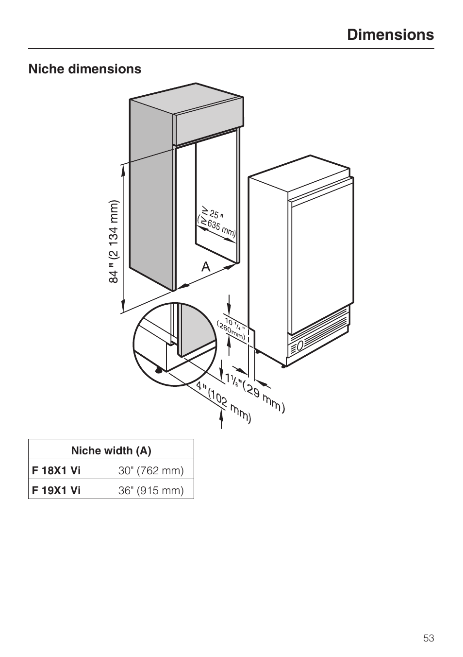 Niche dimensions 53, Dimensions, Niche dimensions | Miele F1801VI User Manual | Page 53 / 80