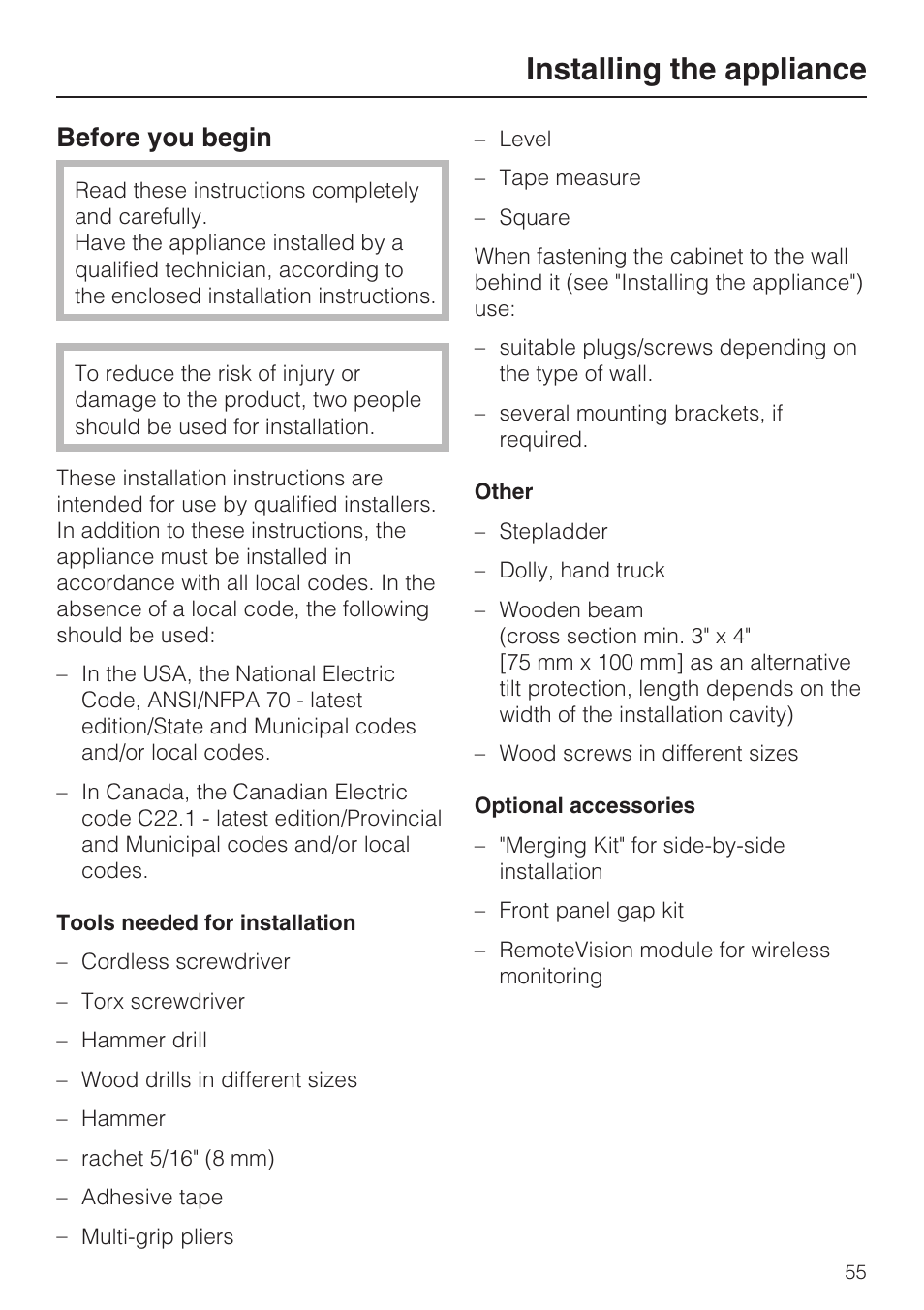 Installing the appliance 55, Before you begin 55, Installing the appliance | Before you begin | Miele F1801VI User Manual | Page 55 / 80