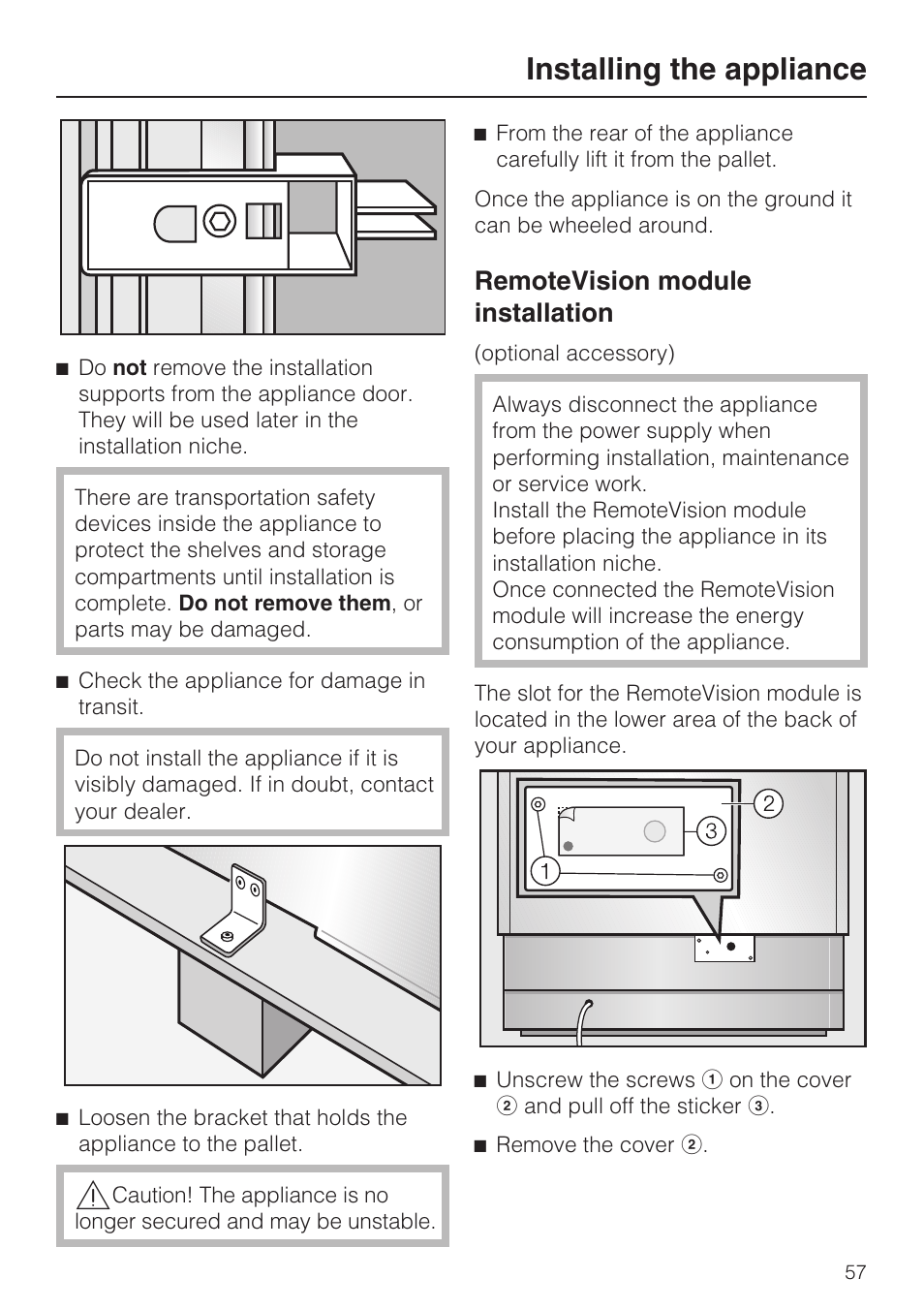 Remotevision module installation 57, Installing the appliance, Remotevision module installation | Miele F1801VI User Manual | Page 57 / 80