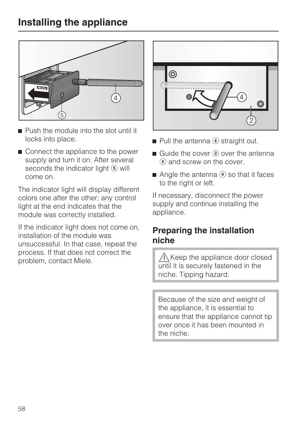 Preparing the installation niche 58, Installing the appliance, Preparing the installation niche | Miele F1801VI User Manual | Page 58 / 80