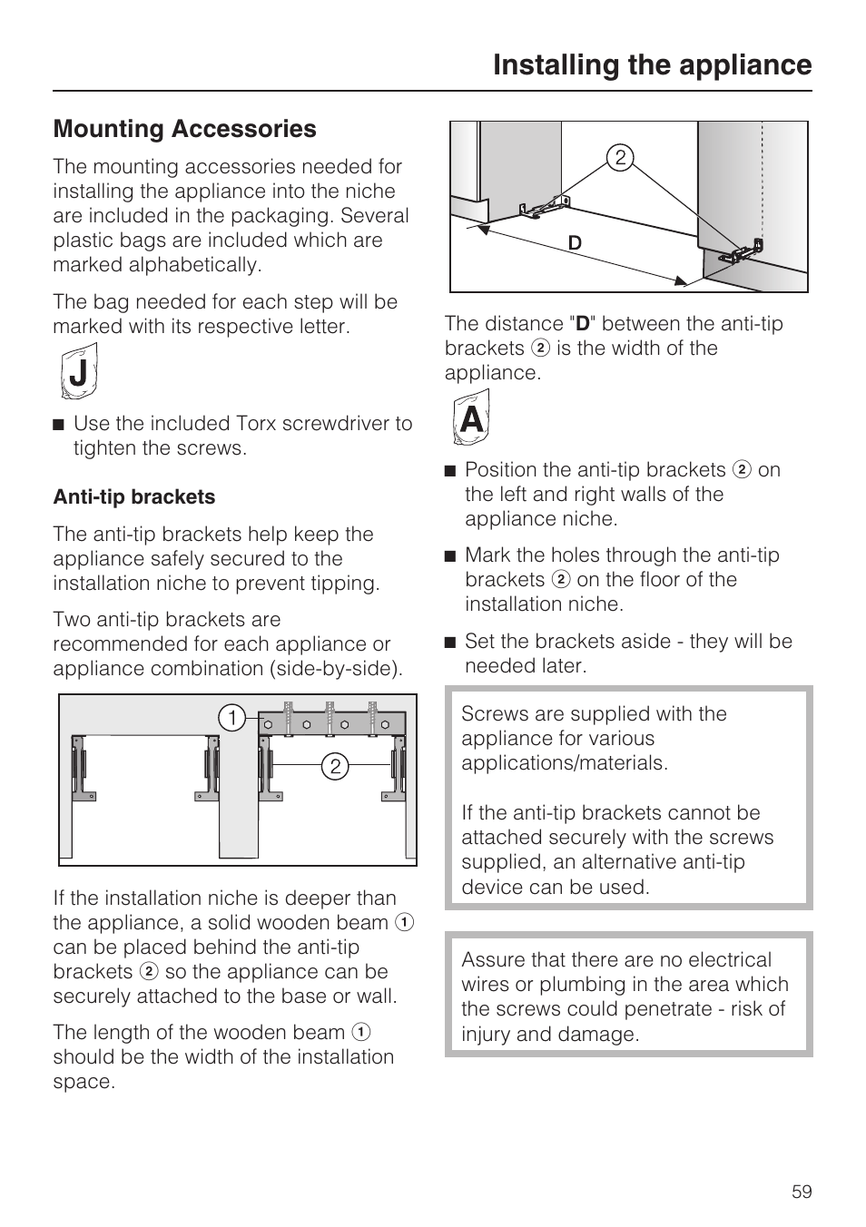 Installing the appliance, Mounting accessories | Miele F1801VI User Manual | Page 59 / 80