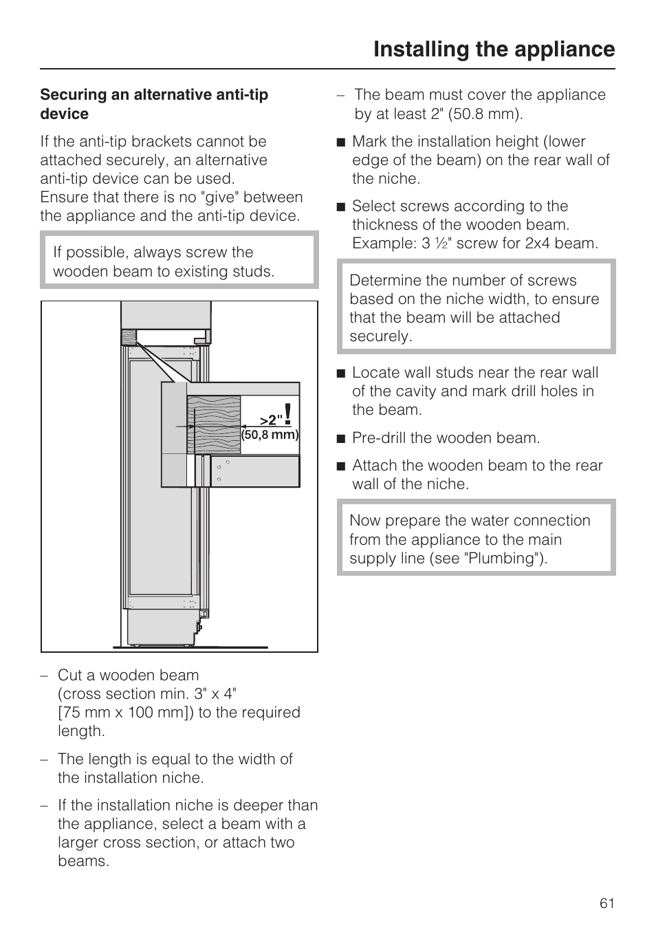 Installing the appliance | Miele F1801VI User Manual | Page 61 / 80