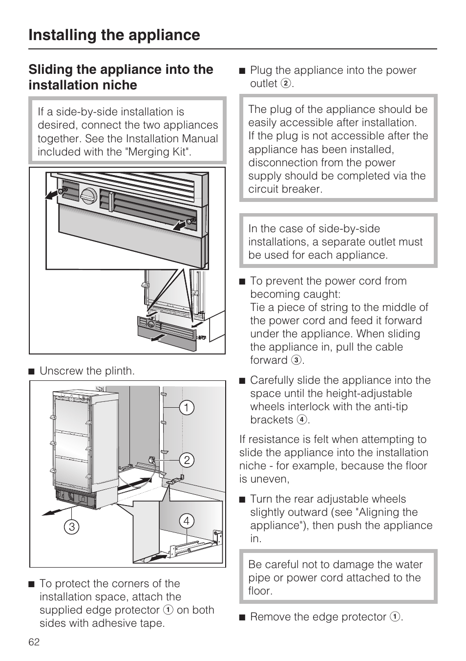 Installing the appliance, Sliding the appliance into the installation niche | Miele F1801VI User Manual | Page 62 / 80