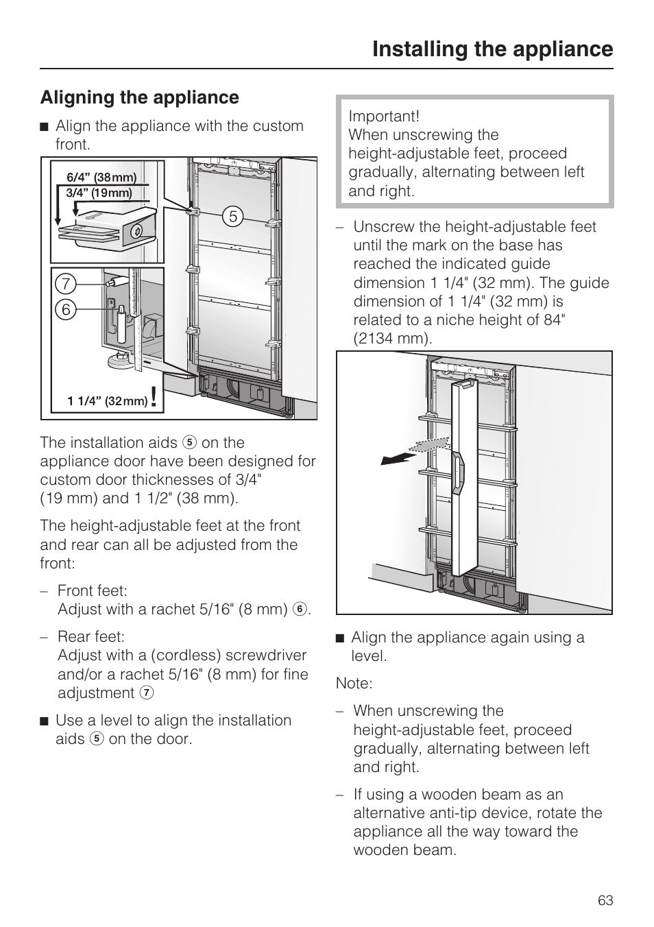 Aligning the appliance 63, Installing the appliance, Aligning the appliance | Miele F1801VI User Manual | Page 63 / 80