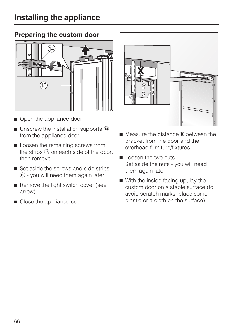 Preparing the custom door 66, Installing the appliance, Preparing the custom door | Miele F1801VI User Manual | Page 66 / 80