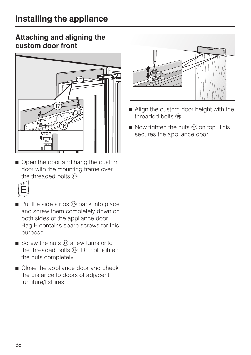 Attaching and aligning the custom door front 68, Installing the appliance, Attaching and aligning the custom door front | Miele F1801VI User Manual | Page 68 / 80