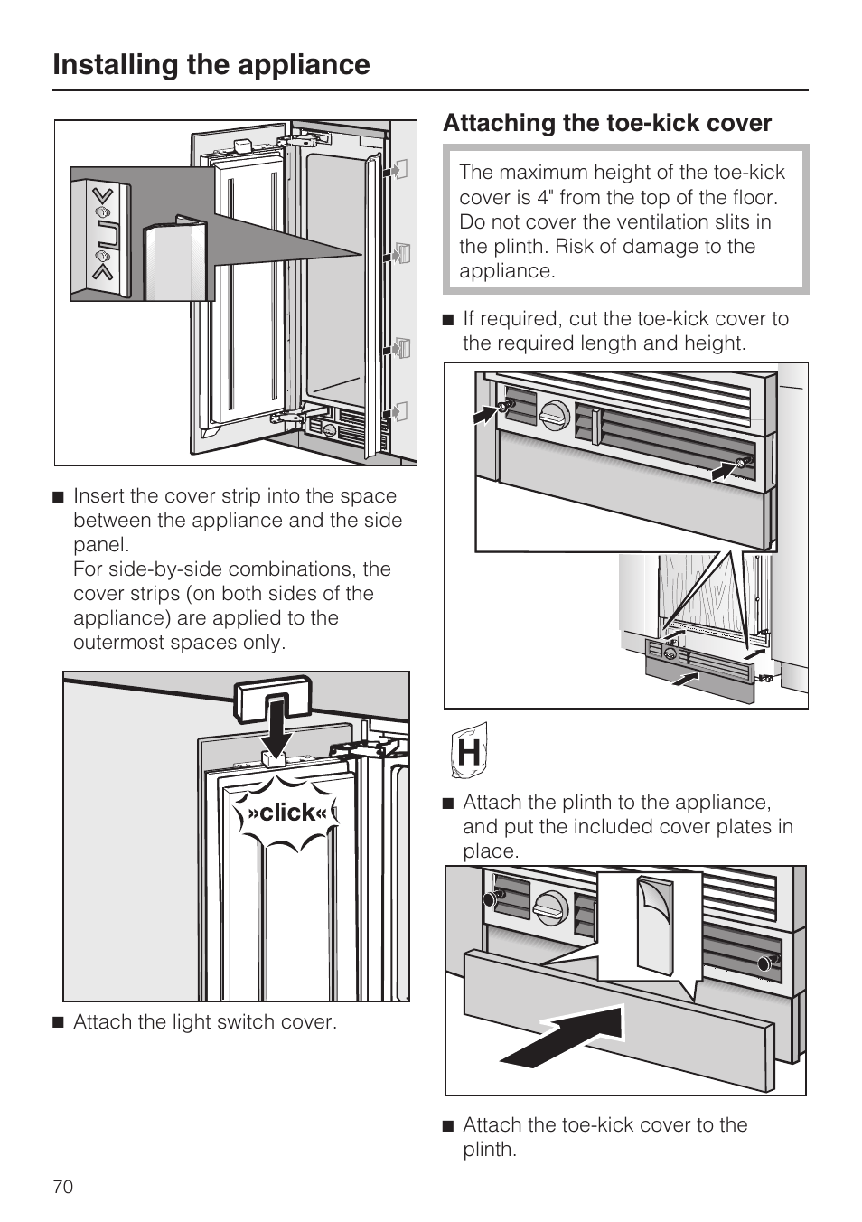 Installing the appliance, Attaching the toe-kick cover | Miele F1801VI User Manual | Page 70 / 80