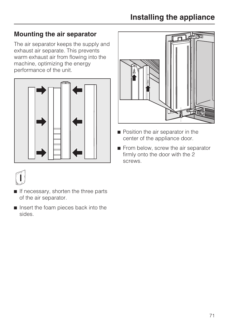 Installing the appliance, Mounting the air separator | Miele F1801VI User Manual | Page 71 / 80