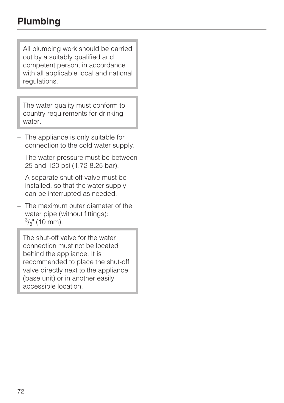 Plumbing 72, Plumbing | Miele F1801VI User Manual | Page 72 / 80