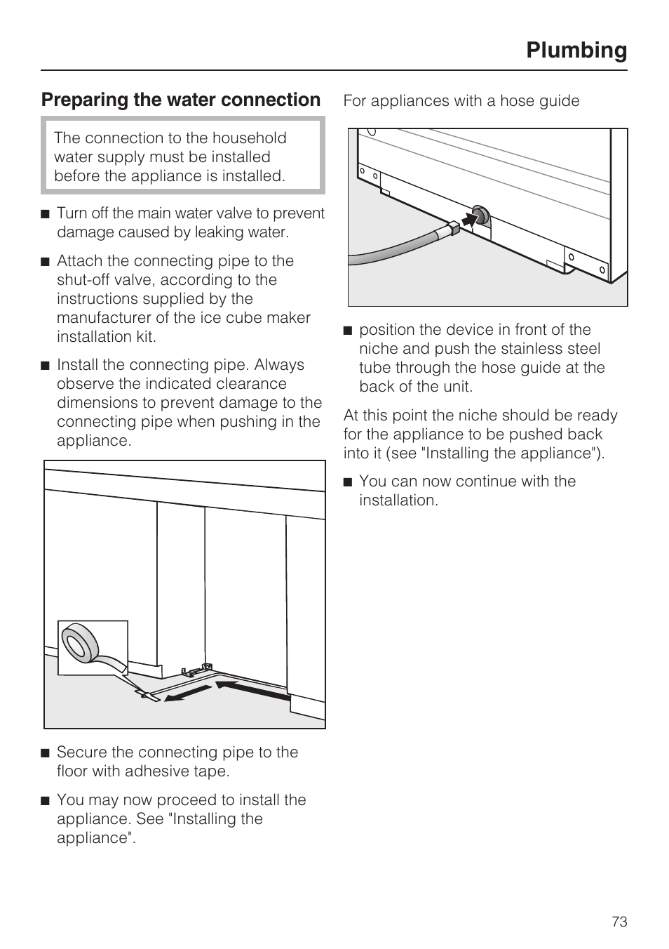 Plumbing, Preparing the water connection | Miele F1801VI User Manual | Page 73 / 80