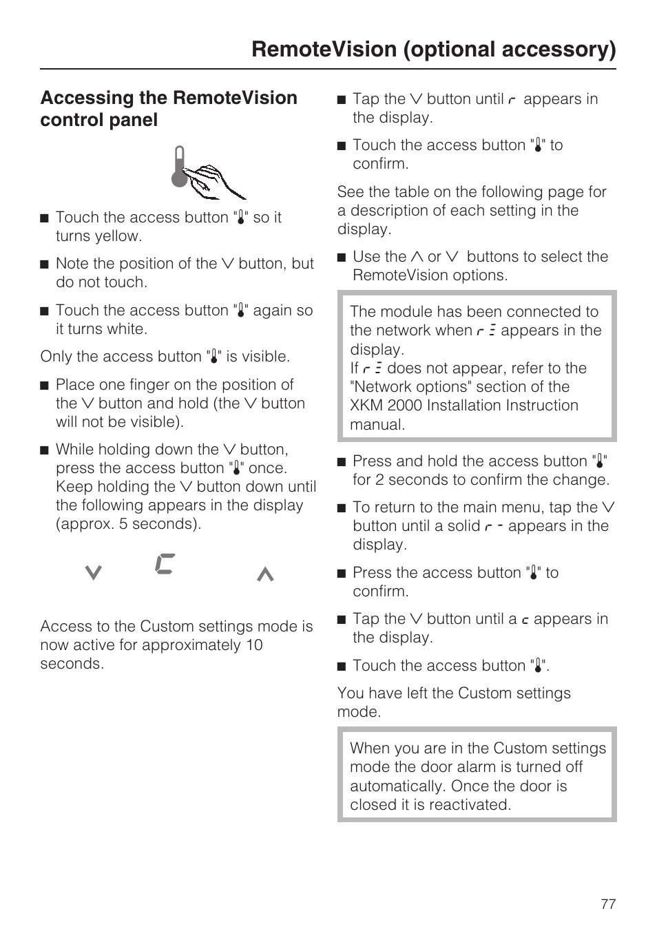 Remotevision (optional accessory), Accessing the remotevision control panel | Miele F1801VI User Manual | Page 77 / 80