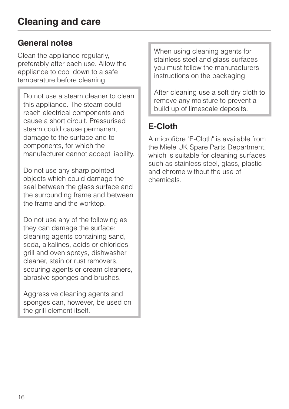 Cleaning and care 16, General notes 16, E-cloth 16 | Cleaning and care, E-cloth | Miele KM 411 User Manual | Page 16 / 24