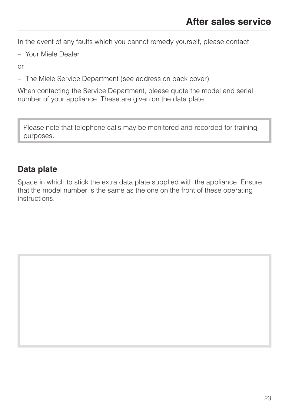 After sales service 23, Data plate 23, After sales service | Data plate | Miele KM 411 User Manual | Page 23 / 24