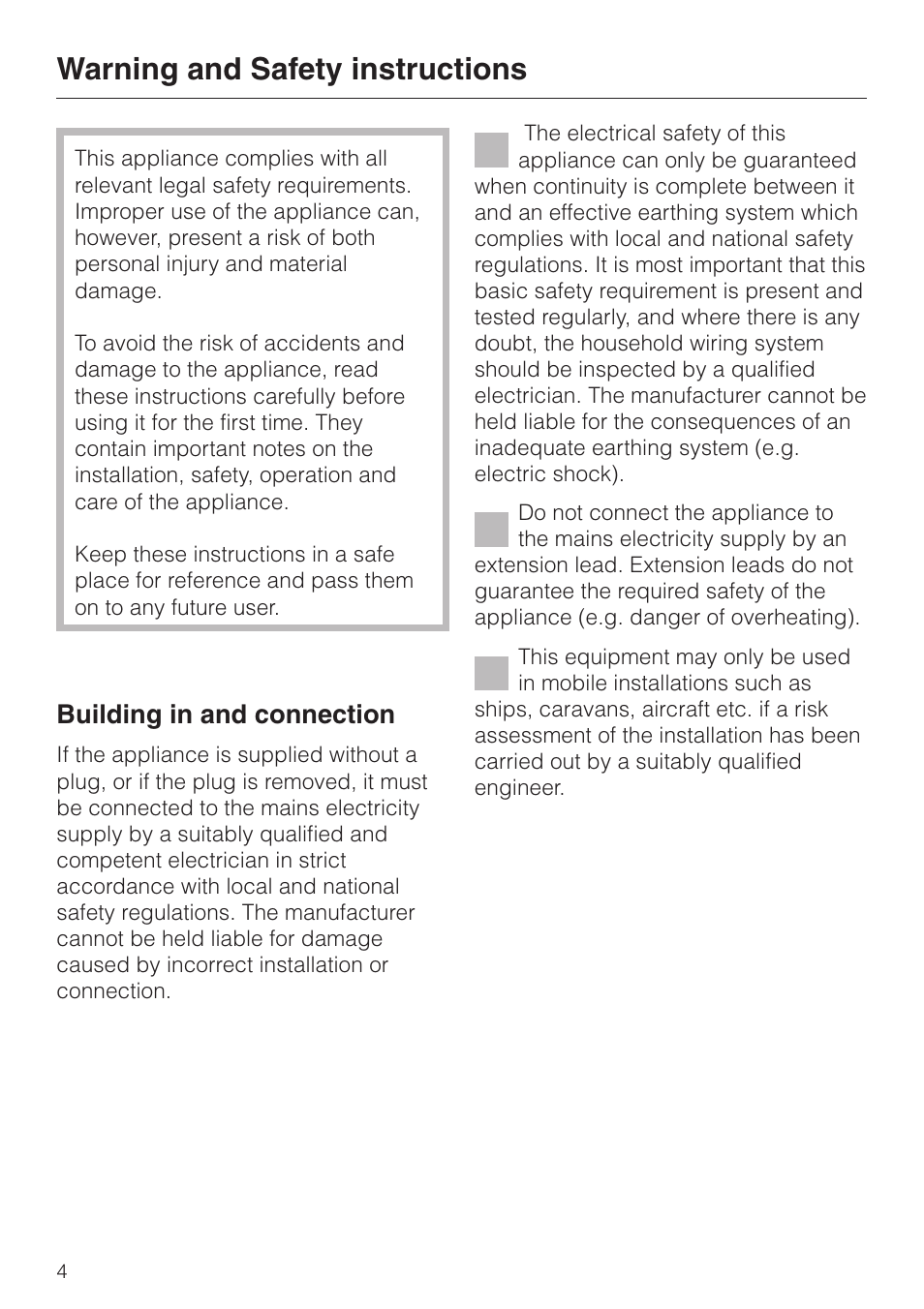 Warning and safety instructions 4, Warning and safety instructions, Building in and connection | Miele KM 411 User Manual | Page 4 / 24