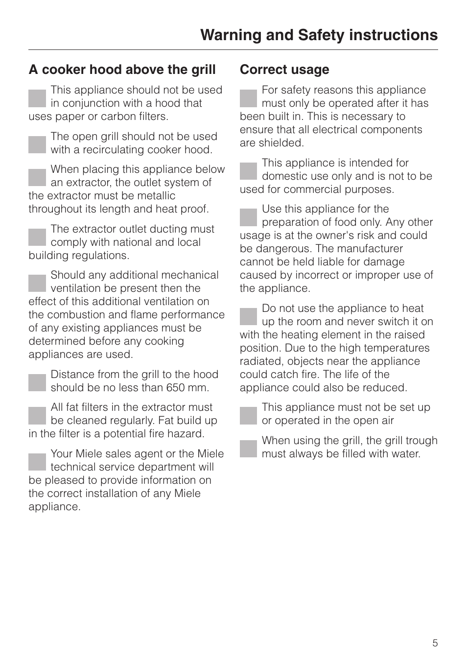 Warning and safety instructions, A cooker hood above the grill, Correct usage | Miele KM 411 User Manual | Page 5 / 24