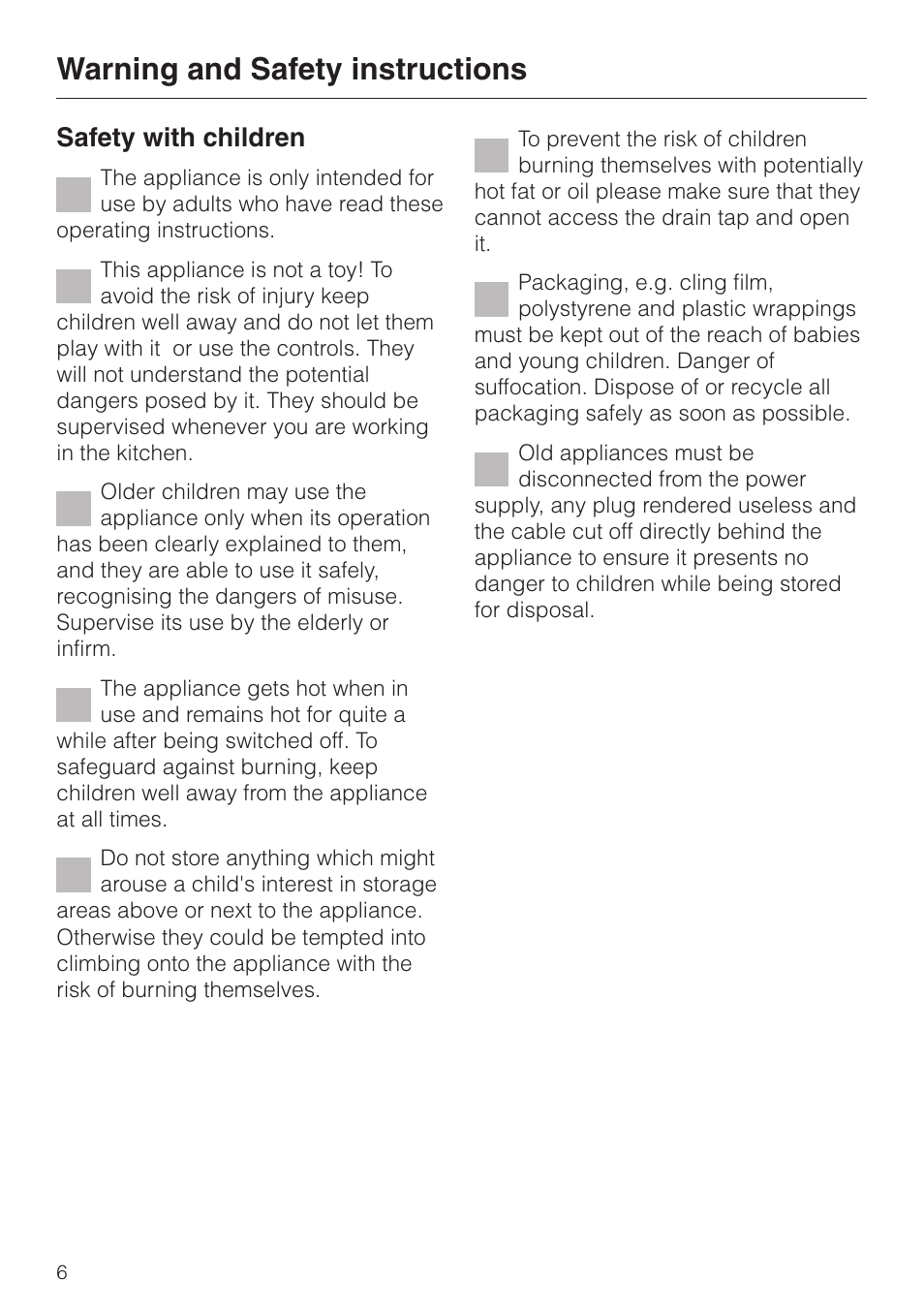 Warning and safety instructions, Safety with children | Miele KM 411 User Manual | Page 6 / 24