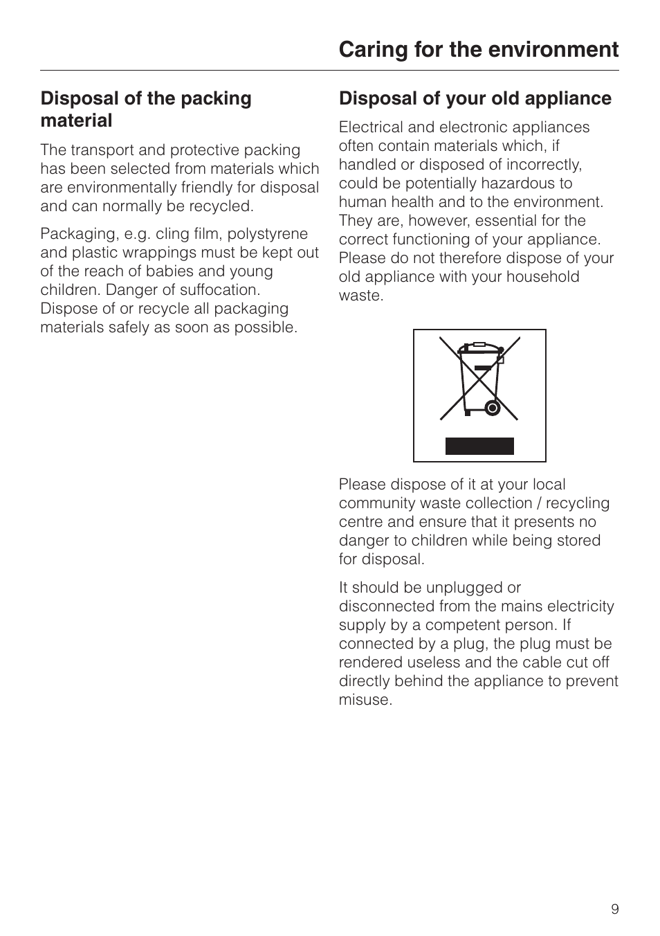 Caring for the environment 9, Caring for the environment | Miele KM 411 User Manual | Page 9 / 24