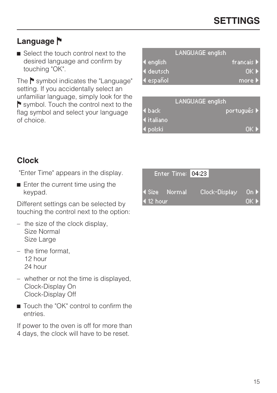 Language j 15, Clock 15, Settings | Language j, Clock | Miele H4882BP User Manual | Page 15 / 80