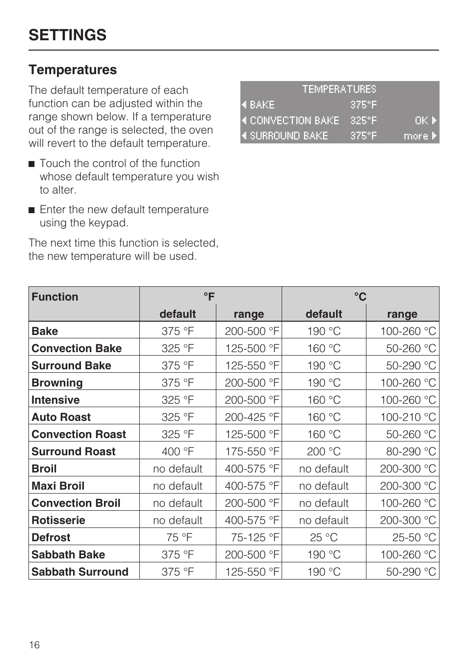Temperatures 16, Settings, Temperatures | Miele H4882BP User Manual | Page 16 / 80