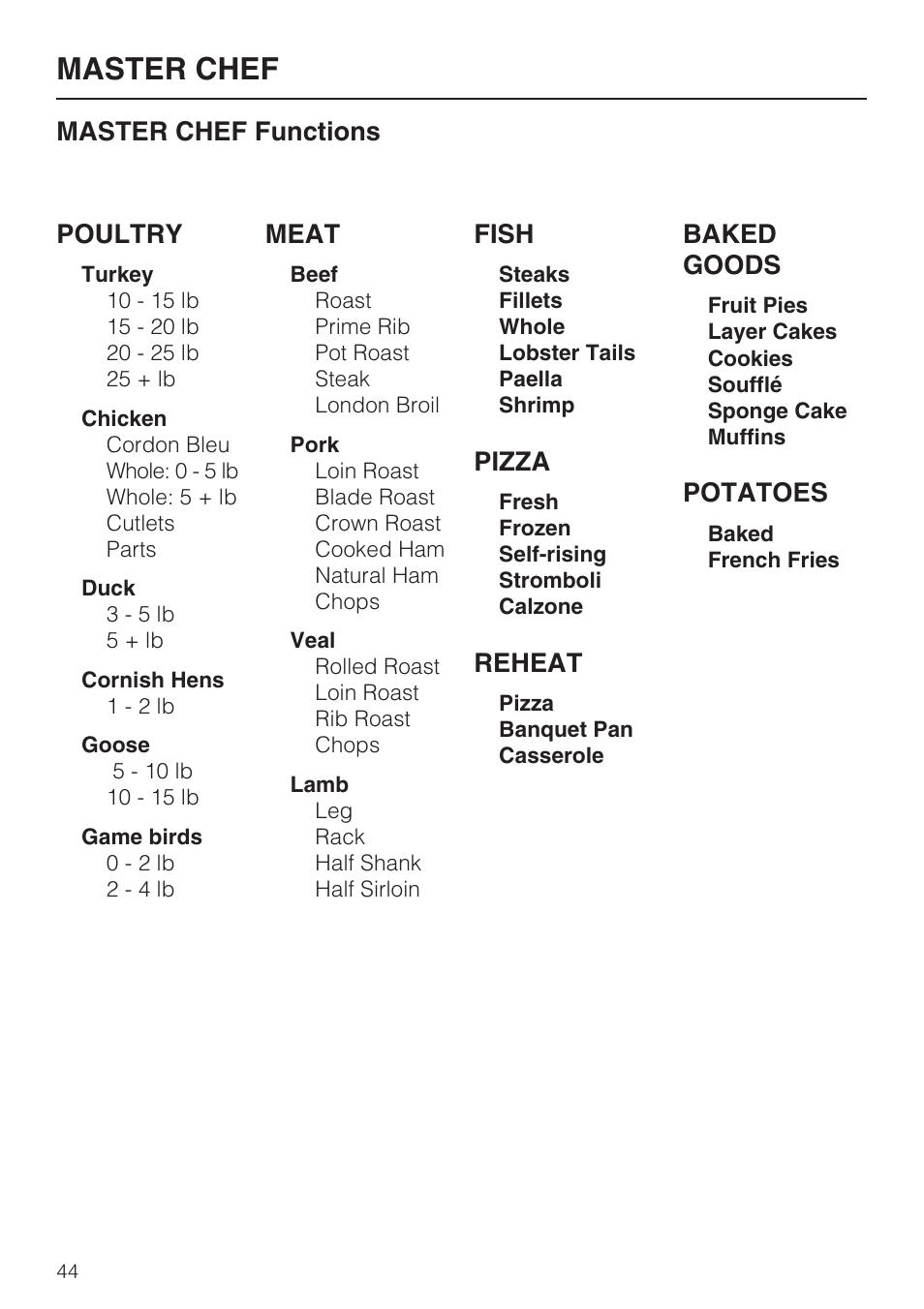Master chef, Master chef functions poultry, Meat | Fish, Pizza, Reheat, Baked goods, Potatoes | Miele H4882BP User Manual | Page 44 / 80