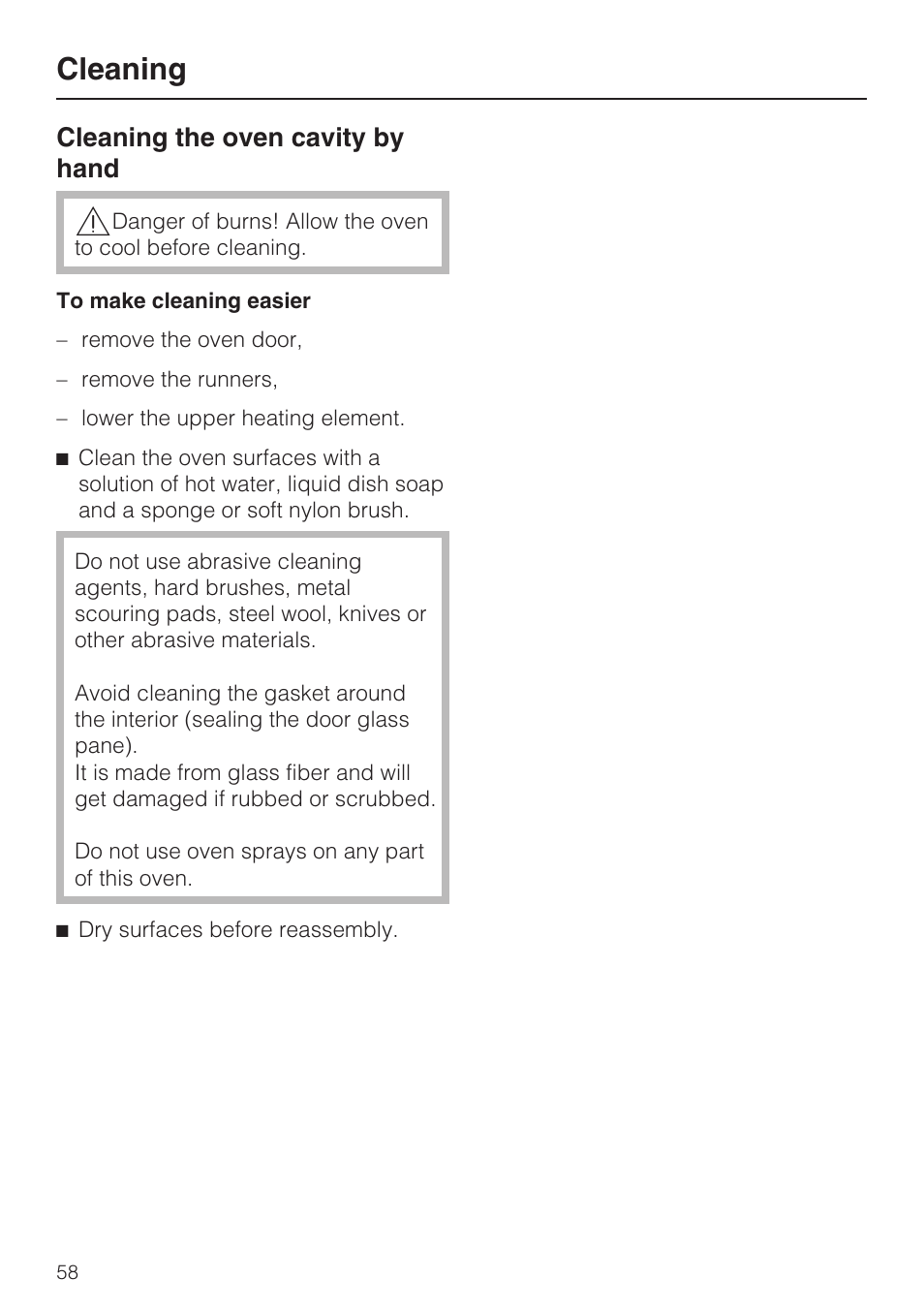 Cleaning, Cleaning the oven cavity by hand | Miele H4882BP User Manual | Page 58 / 80