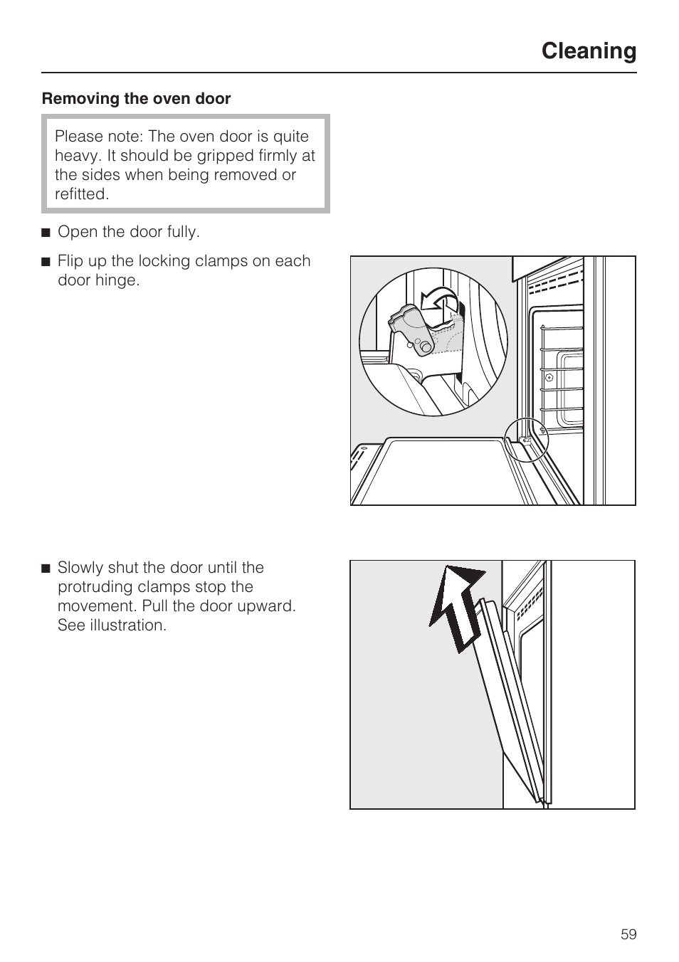 Removing the oven door 59, Cleaning | Miele H4882BP User Manual | Page 59 / 80