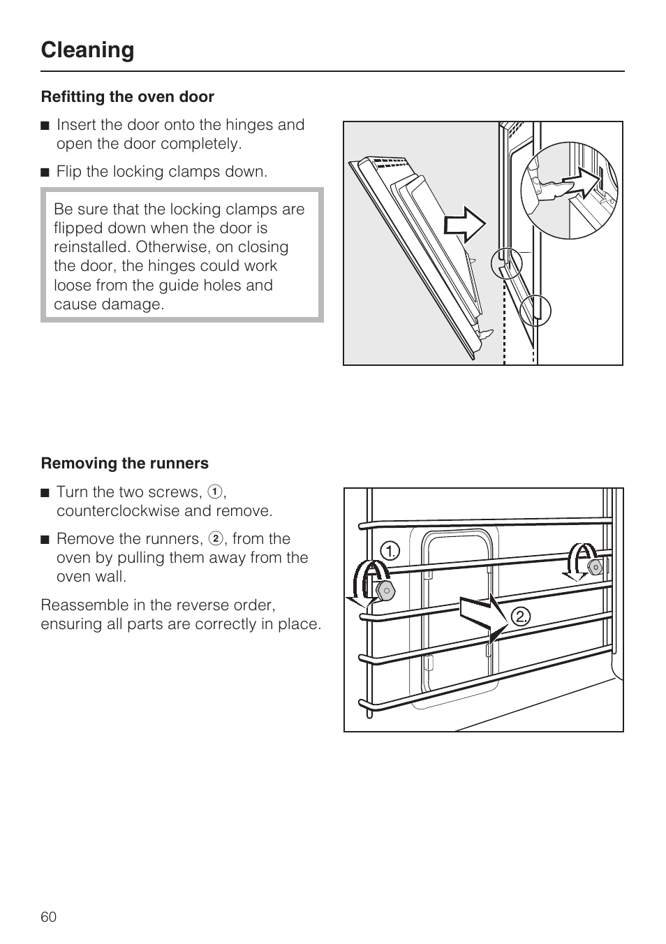 Removing the runners 60, Cleaning | Miele H4882BP User Manual | Page 60 / 80