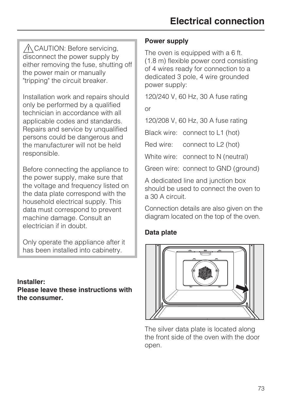 Electrical connection 73, Electrical connection | Miele H4882BP User Manual | Page 73 / 80