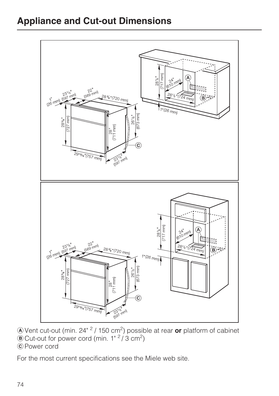 Appliance and cut-out dimensions 74, Appliance and cut-out dimensions | Miele H4882BP User Manual | Page 74 / 80