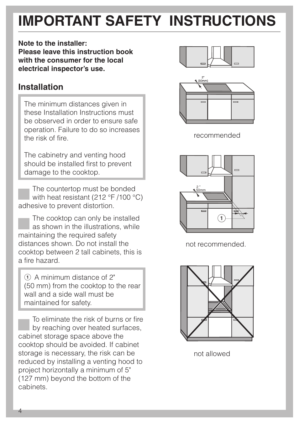Important safety instructions 4, Installation 4, Important safety instructions | Installation | Miele KM 452 User Manual | Page 4 / 12