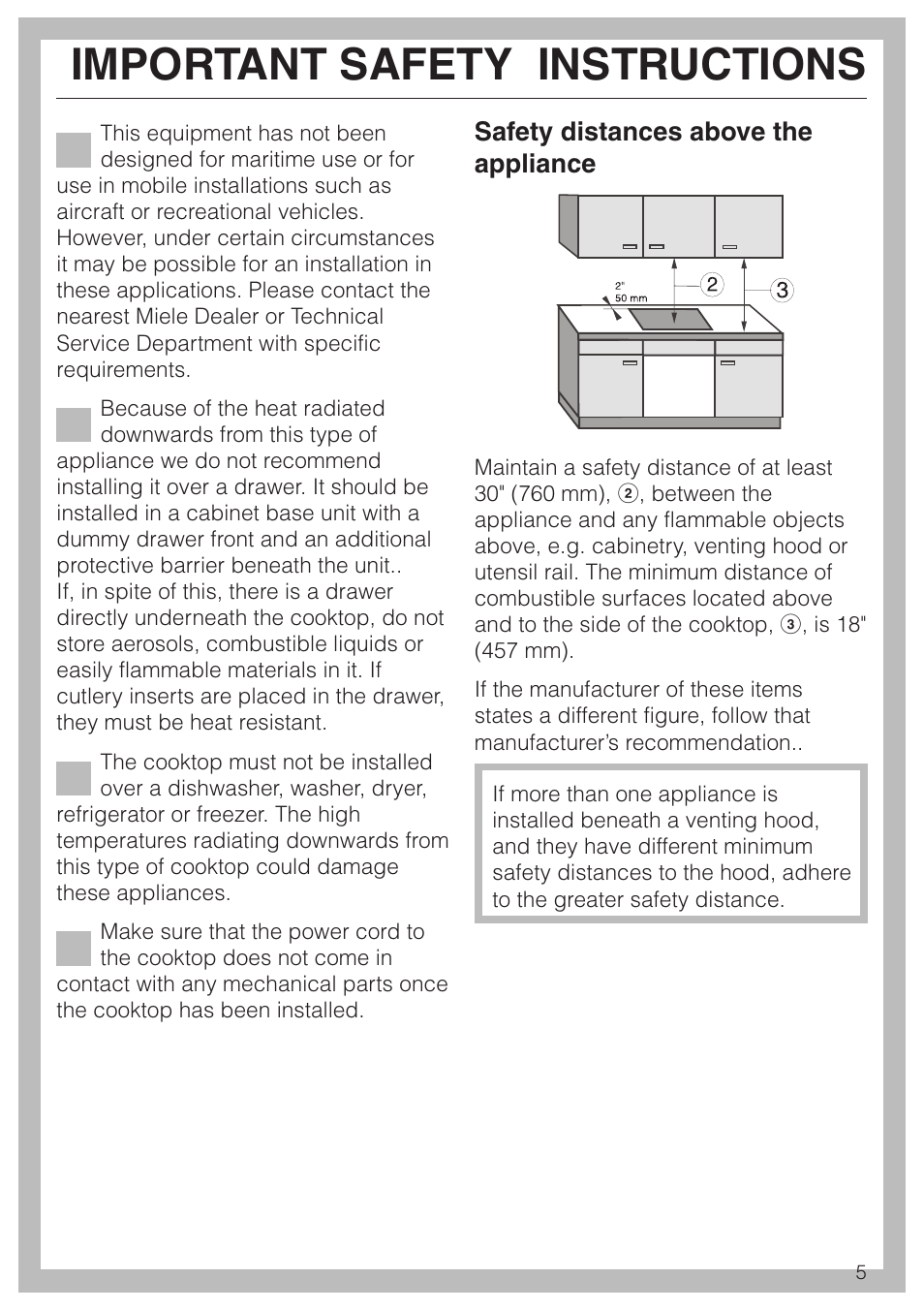 Safety distances above the appliance 5, Safety distances above the appliance, Important safety instructions | Miele KM 452 User Manual | Page 5 / 12