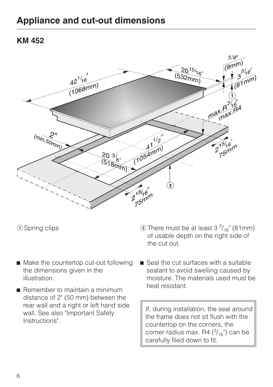 Appliance and cut-out dimensions 6, Appliance and cut-out dimensions, Km 452 | Miele KM 452 User Manual | Page 6 / 12