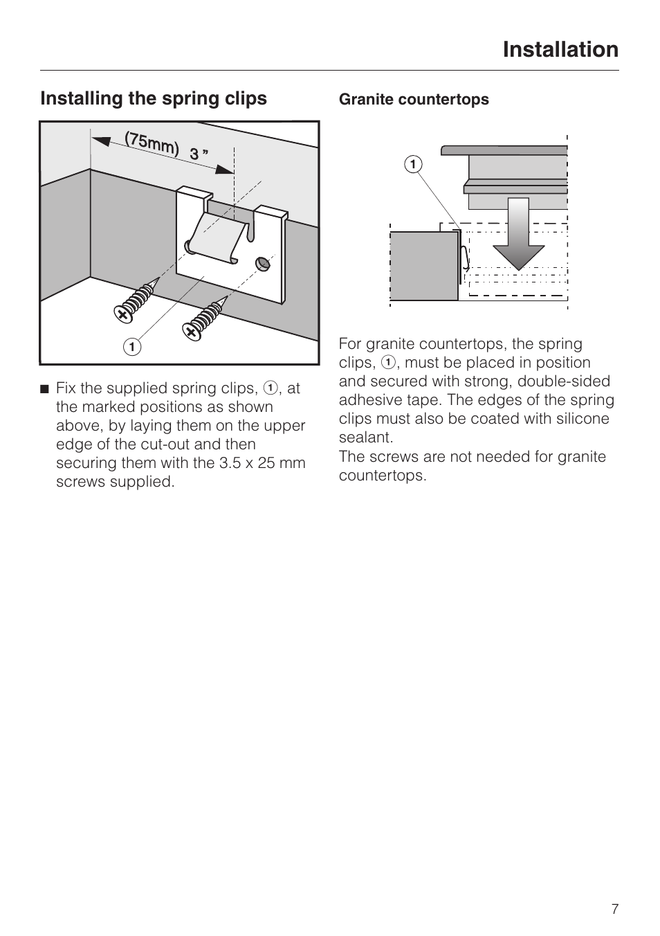 Installation 7, Installing the spring clips 7, Granite countertops 7 | Installation, Installing the spring clips, Granite countertops | Miele KM 452 User Manual | Page 7 / 12