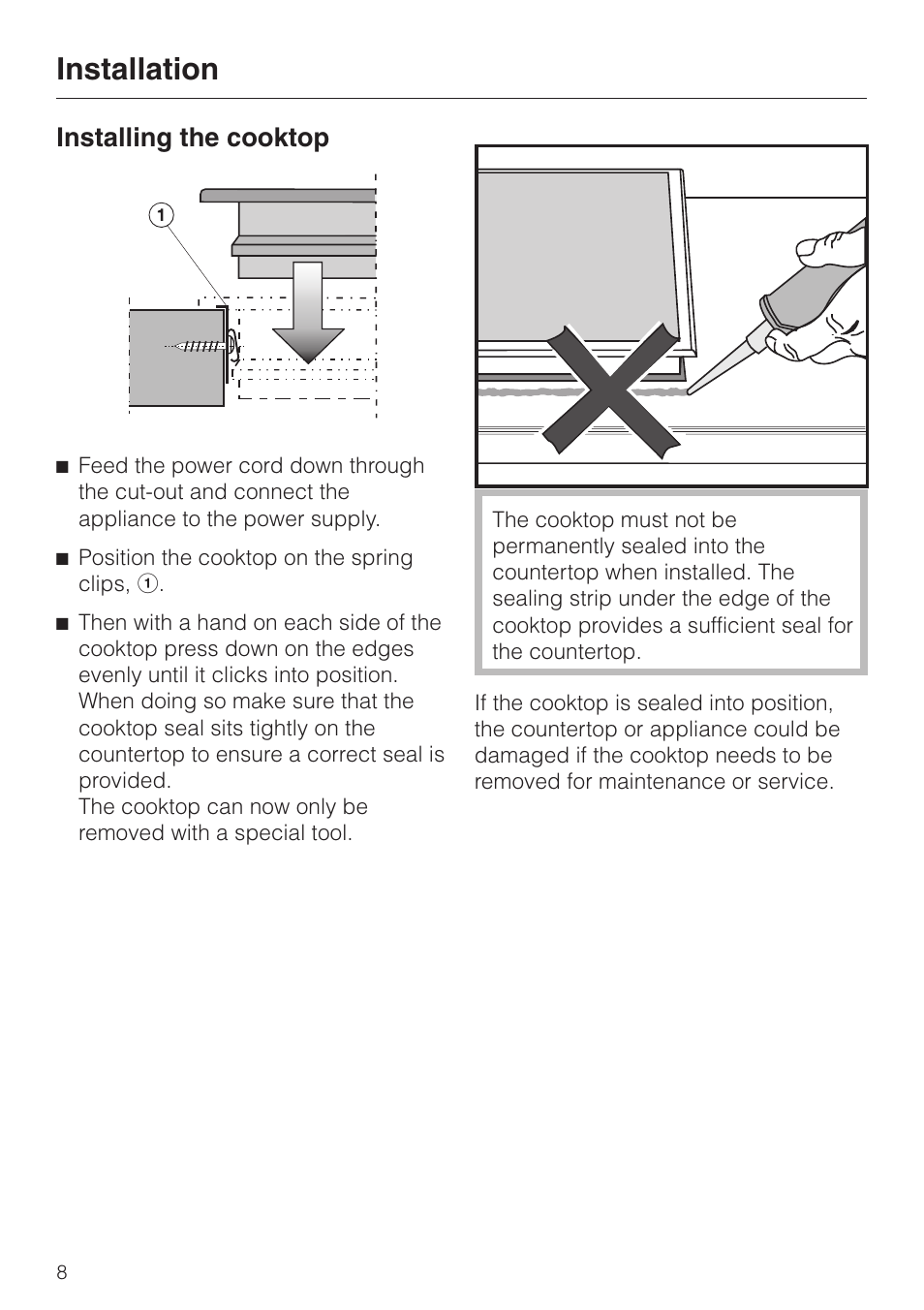 Installing the cooktop 8, Installing the cooktop, Installation | Miele KM 452 User Manual | Page 8 / 12