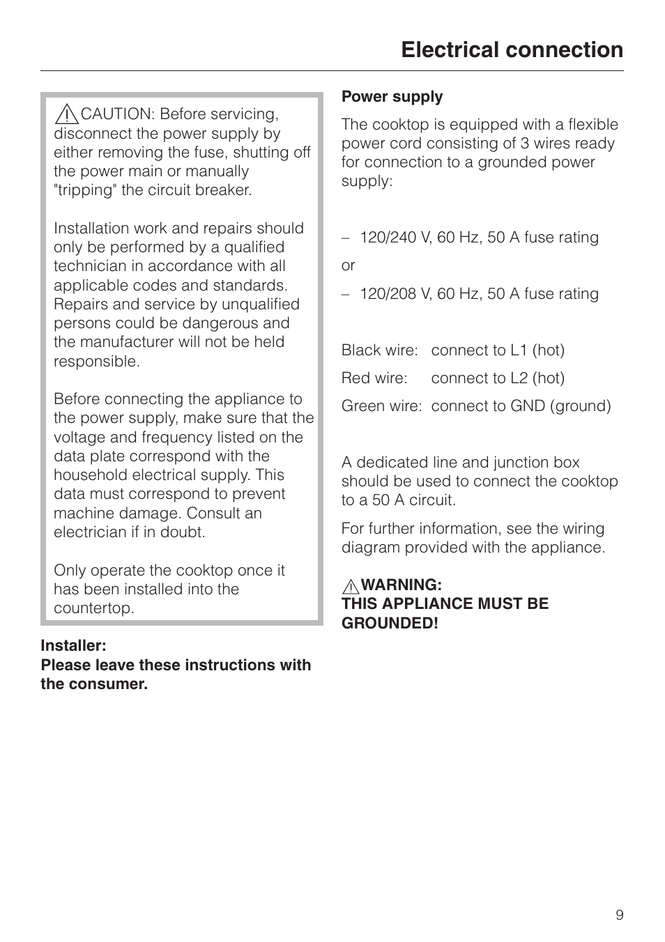 Electrical connection 9, Electrical connection | Miele KM 452 User Manual | Page 9 / 12