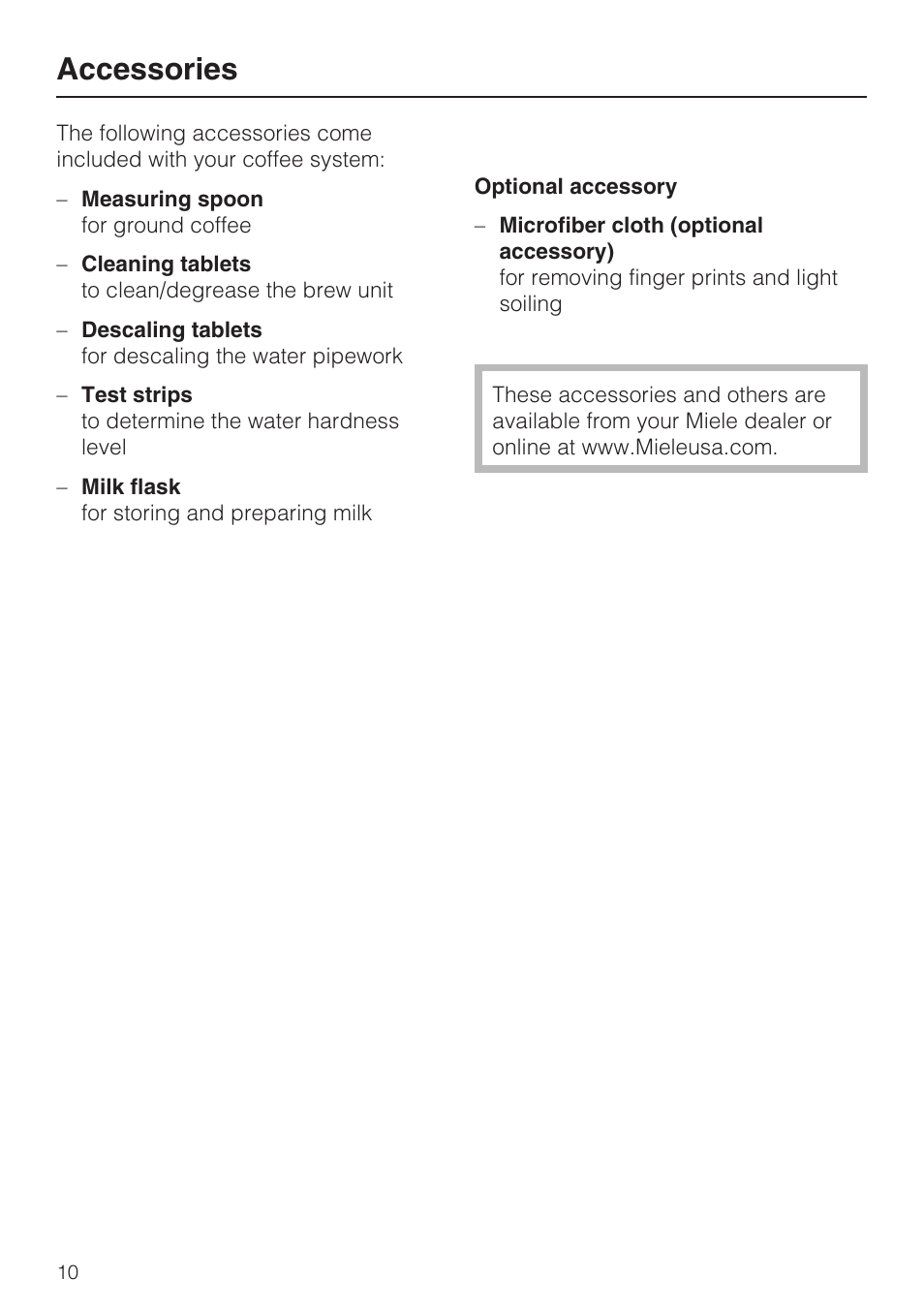 Accessories 10, Accessories | Miele CM 5100 User Manual | Page 10 / 76